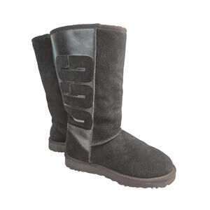 UGG Classic Black Suede Leather Spellout Shearling Lined Tall Boots Womens 8